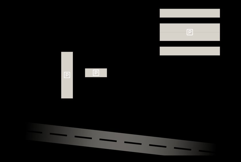 Illustration einer Tiefgarage mit Parkplätzen und Straßen.