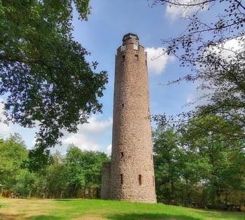 Hoher Aussichtsturm aus Stein umgeben von Bäumen.