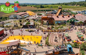 Luftaufnahme von Karls Erdbeerhof mit vielen Besuchern und Attraktionen.